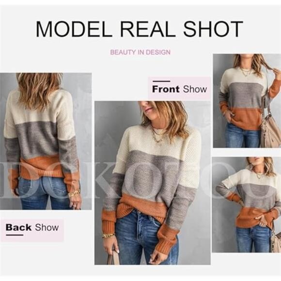 Women's Long Sleeve Color Block Sweater Crewneck Pullover Knit Jumper Top - Picture 6 of 7